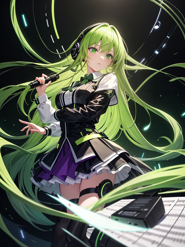  (masterpiece:0.9),best quality,(illustration,official art:1.1),hyper detail,1girl,solo,(green long hair:1.45),dynamic angle,(music note:1.25),(cinematic lighting,stray light),solid,[(partially [[green:purple:0.2]:green:0.35] barrage of notes:1.2):0.1],headphone,[(black background:1.25)::0.2],(elegant wallpaper:1.3),hdr,<lora:add detail:0.5> <lora:silicon landscape isolation:0.75> <lora:gloss tweaker v2: 0.6>