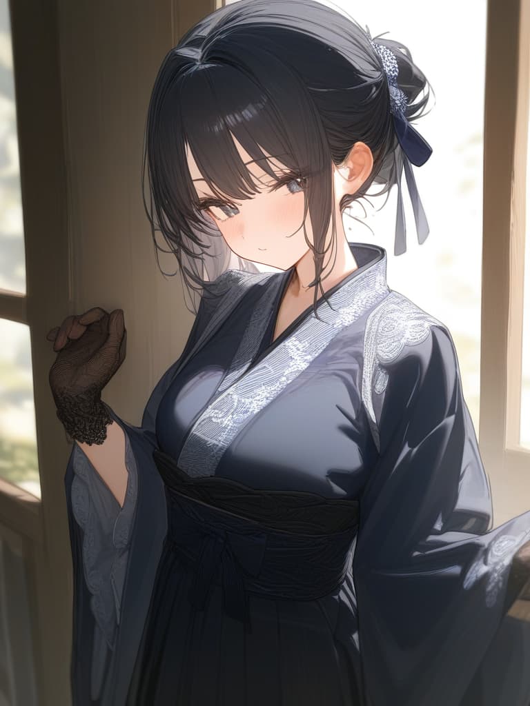  girl, cute face, frill lace, solo, hair ribbon, meiji era, kimono, hakama, black hair, black lace gloves, masterpiece, best quality,8k,ultra detailed,high resolution,an extremely delicate and beautiful,hyper detail