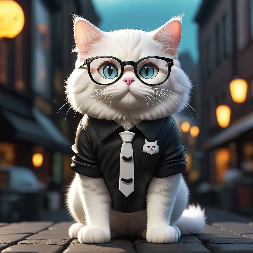  cartoon white cat with glasses in a black shirt, sticker hyperrealistic, full body, detailed clothing, highly detailed, cinematic lighting, stunningly beautiful, intricate, sharp focus, f/1. 8, 85mm, (centered image composition), (professionally color graded), ((bright soft diffused light)), volumetric fog, trending on instagram, trending on tumblr, HDR 4K, 8K