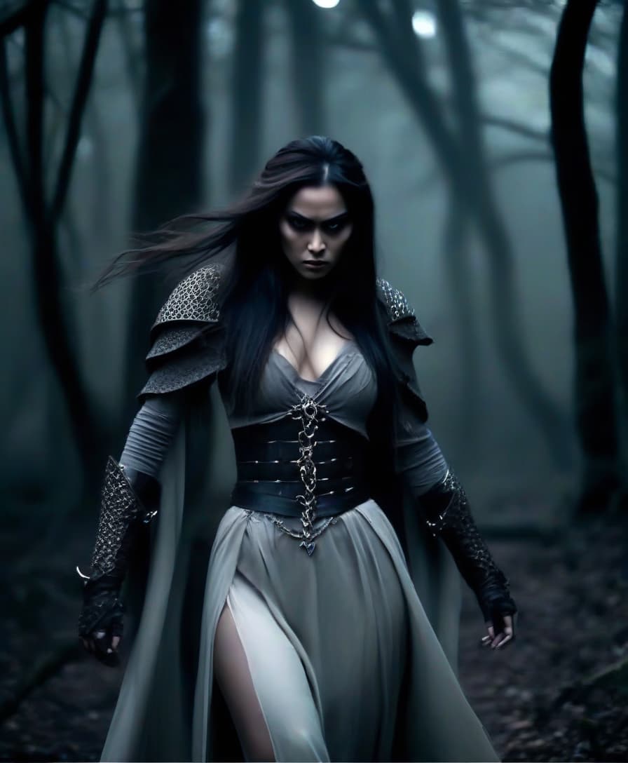  macabre style transform it according to the original. film actress fei ren in the form of the queen of elves of a thief fighter in a long chain mail on a skirt. in the dark atrium. . dark, gothic, grim, haunting, highly detailed, perfecteyes, perfect hands