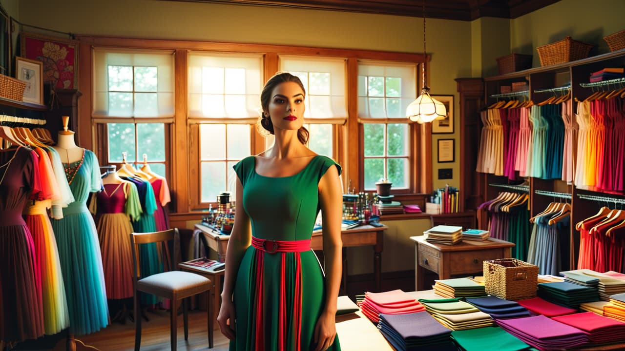  a vibrant workshop scene showcasing a variety of fabric swatches, intricate sewing tools, colorful threads, sketches of costume designs, and a dress form adorned with half finished costumes, all under warm, inviting lighting. hyperrealistic, full body, detailed clothing, highly detailed, cinematic lighting, stunningly beautiful, intricate, sharp focus, f/1. 8, 85mm, (centered image composition), (professionally color graded), ((bright soft diffused light)), volumetric fog, trending on instagram, trending on tumblr, HDR 4K, 8K