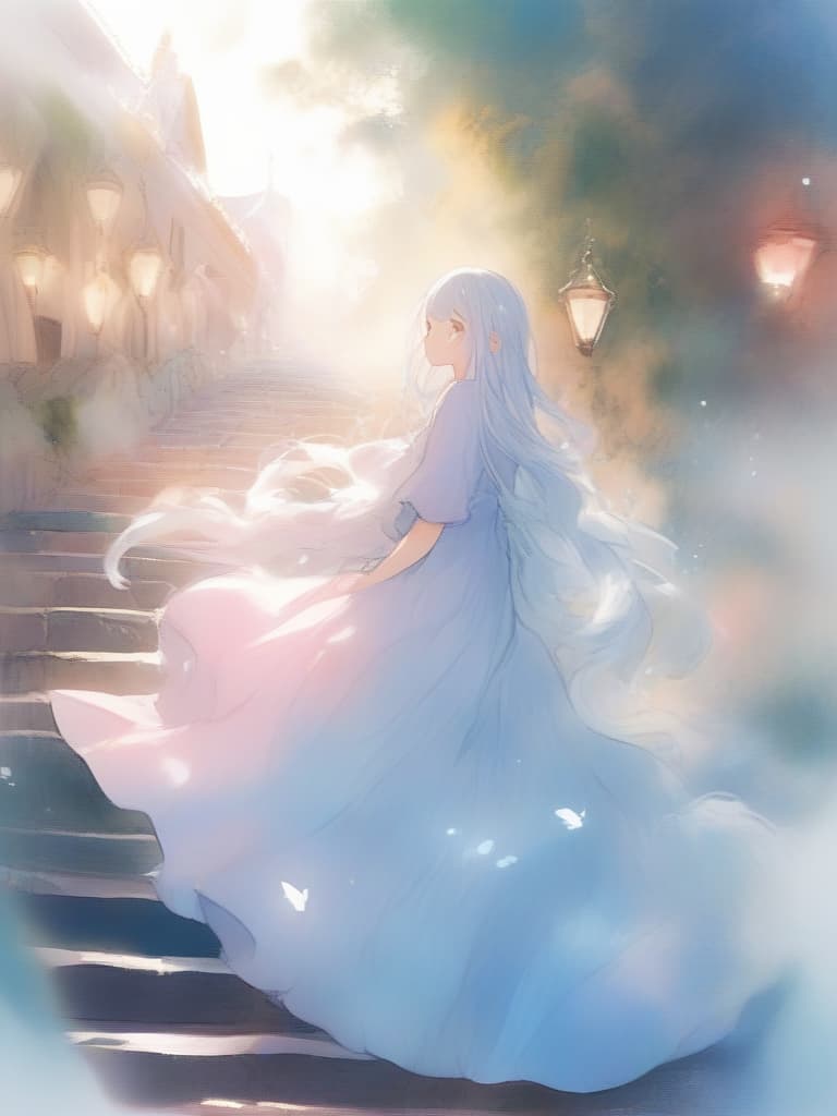  {cute woman,loose web hairstyle,((pink metamorphosis light blue)):1.5,light hair color,wearing light colored long dress},overall fluffy atmosphere,(blur effect),