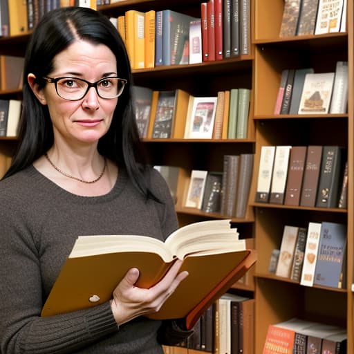  a woman in her 40s , wearing glasses, with black hair, autumn, in a bookstore, realistic, cute , furry , expressive , by seth casteel , carli davidson , rachael hale mckenna, kaylee greer, sophie gamand