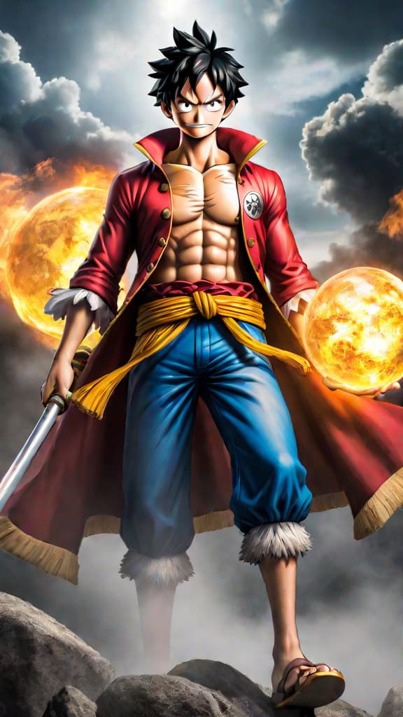  anime art: luffy, destined to follow roger's legacy, embodies the will of d against the world government. hyperrealistic, full body, detailed clothing, highly detailed, cinematic lighting, stunningly beautiful, intricate, sharp focus, f/1. 8, 85mm, (centered image composition), (professionally color graded), ((bright soft diffused light)), volumetric fog, trending on instagram, trending on tumblr, HDR 4K, 8K