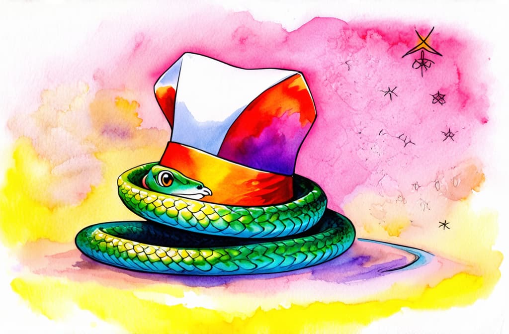  artwork snake in a new year's hat ar 3:2, watercolor techniques, featuring fluid colors, subtle gradients, transparency associated with watercolor art