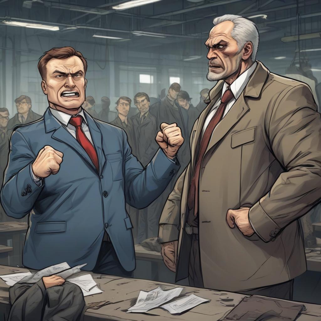  cartoon. at the factory, a healthy russian worker in dirty clothes threatens a powerful official in a jacket with a fist. in the background, a man in a jacket and tie.