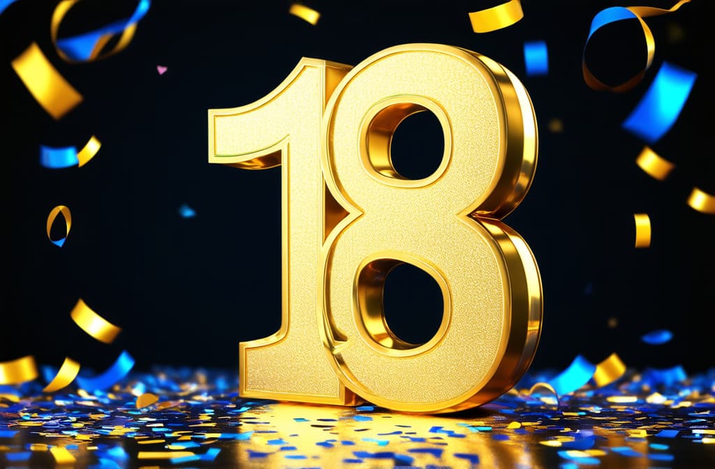  single 3d number "18" standing on solid background, confetti and ribbons falling ar 3:2 {prompt}, maximum details