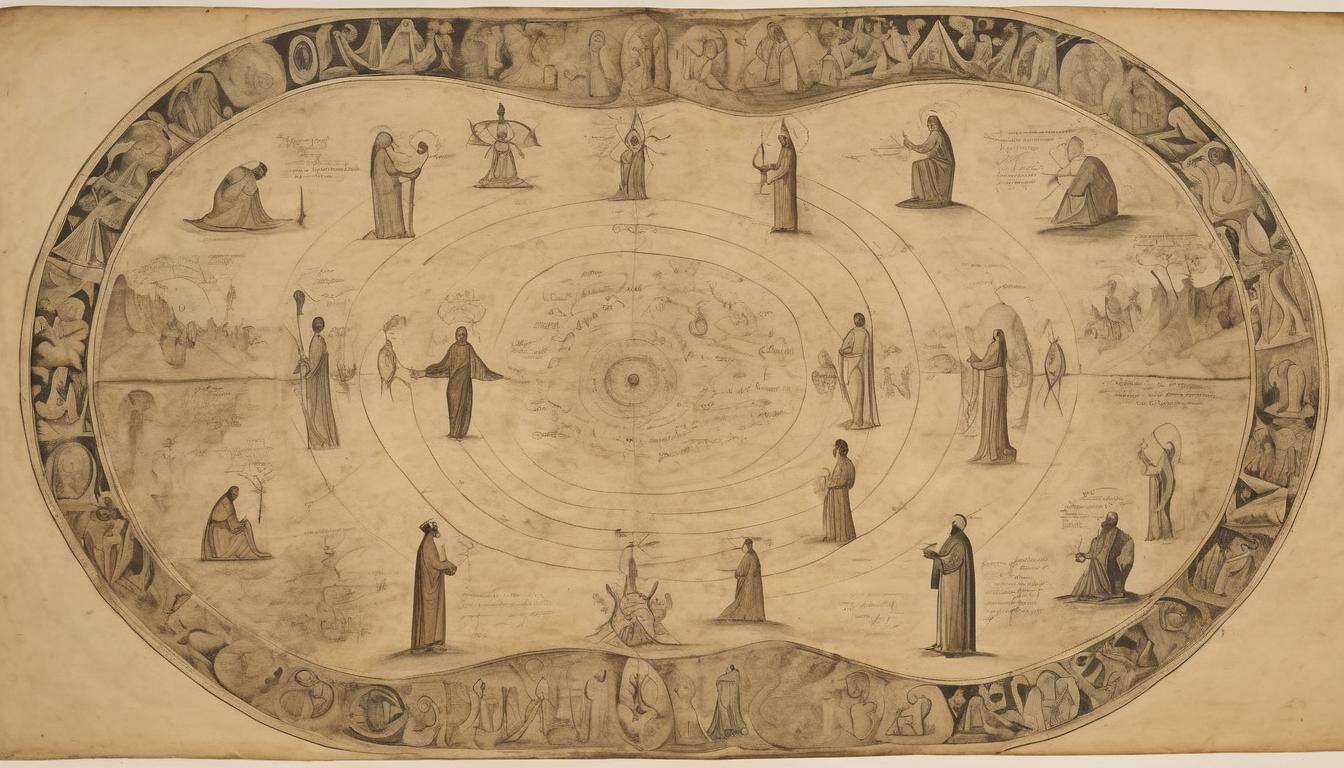  on parchment, surrealism++, circle of figures praying, luminous divine aura, sense of unity and powerful intercession(mysterious, provocative, symbolic)++