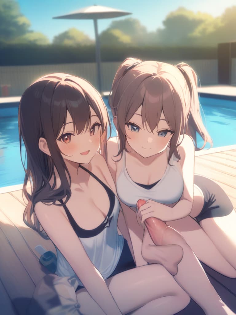  girls, twin tails, cute smiles, girls with penis, poolside,