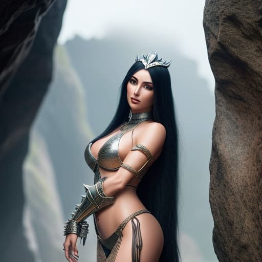  full length portrait of a beautiful sorceress with long black hair wearing metallic mesh bikini armour chained by her wrists and ankles in an underground cavern built from solid rock. fantasy character in the style of boris vallejo. good skin, clear eyes, smart hair, soft focus, depth of field, 8k photo, hdr, professional lighting, taken with canon eos r5, 75mm lens, high angle shot hyperrealistic, full body, detailed clothing, highly detailed, cinematic lighting, stunningly beautiful, intricate, sharp focus, f/1. 8, 85mm, (centered image composition), (professionally color graded), ((bright soft diffused light)), volumetric fog, trending on instagram, trending on tumblr, HDR 4K, 8K