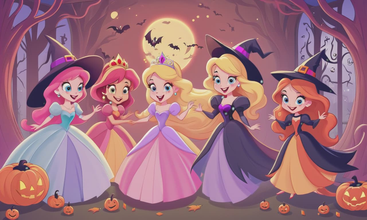  cartoon princesses playing with witches