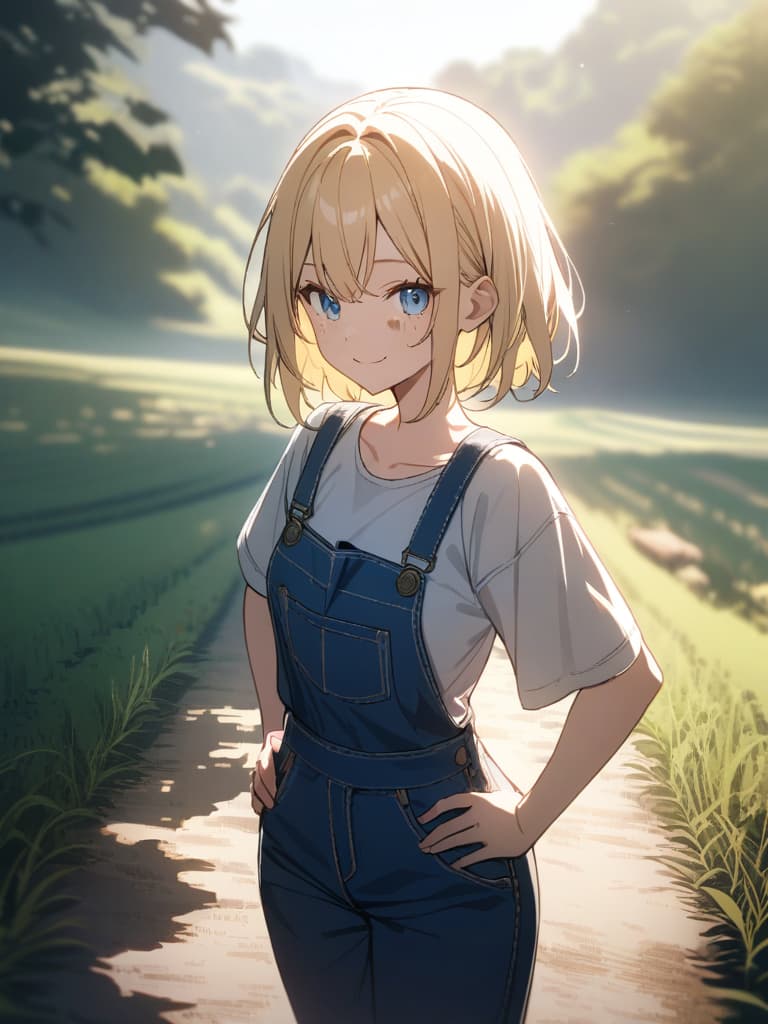  ((blonde,blue eyes,smiling,pretty girl,short hair,hands on hips,photo,countryside,country girl,rice field background,background blur: 1.5,cute,freckles: 1.2,jeans overalls,straw hat: 1.7))ultra detailed,best shadow,cute and beautiful face,(masterpiece:1.2),(best quality:1.2),detailed background,high contrast,(best illumination,an extremely delicate and beautiful),((cinematic light)),hyper detail,dramatic light,intricate details,8k,anime,very aesthetic、