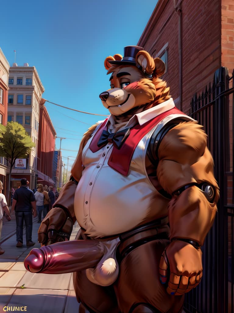  chunie animatronic robot freddy fazbear the chubby bear with his huge brown bear cock out in public around people