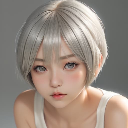  cute japanese girl face, cute short hair, light blonde and silver bob cut hairstyle, black sleeveless top, delicate makeup, cool style, natural lighting, photo realistic in the style of realistic.