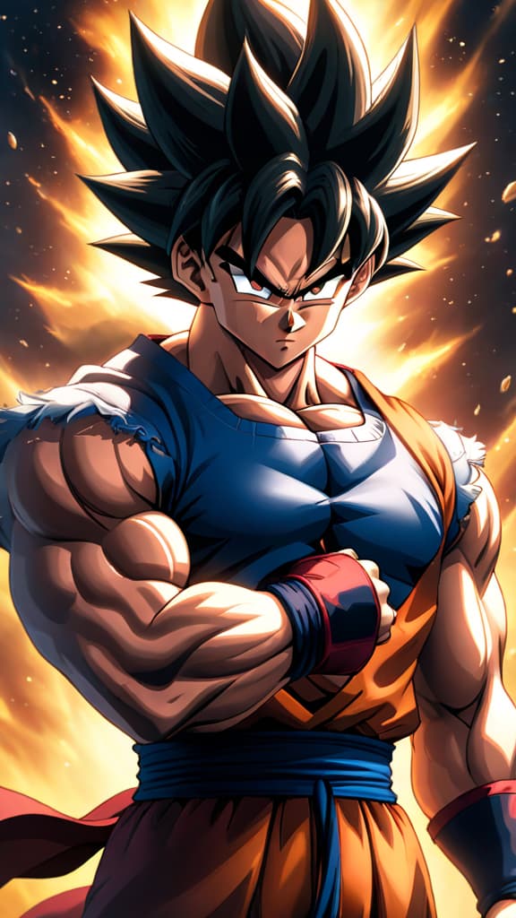  anime art: goku sees bardock, representing his saiyan heritage and immense potential during ultra instinct transformation. hyperrealistic, full body, detailed clothing, highly detailed, cinematic lighting, stunningly beautiful, intricate, sharp focus, f/1. 8, 85mm, (centered image composition), (professionally color graded), ((bright soft diffused light)), volumetric fog, trending on instagram, trending on tumblr, HDR 4K, 8K