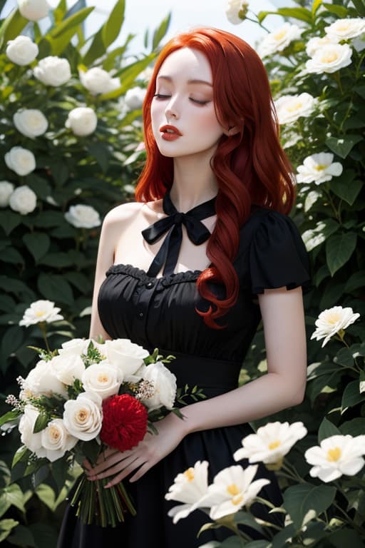  Jane Harbor pale skin ((bright red hair)) Black dress, eyes closed, beautiful, white and black flowers