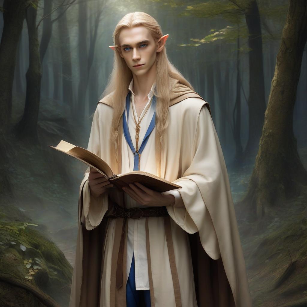  a very beautiful low and slender elf with light skin, long straw hair and blue eyes, dressed in a white shirt and beige pants, a brown cloak hangs on his shoulders, in his hands holds an open book with leather binding and a drawing of wood from golden lines, a gloomy forest, hkmagic