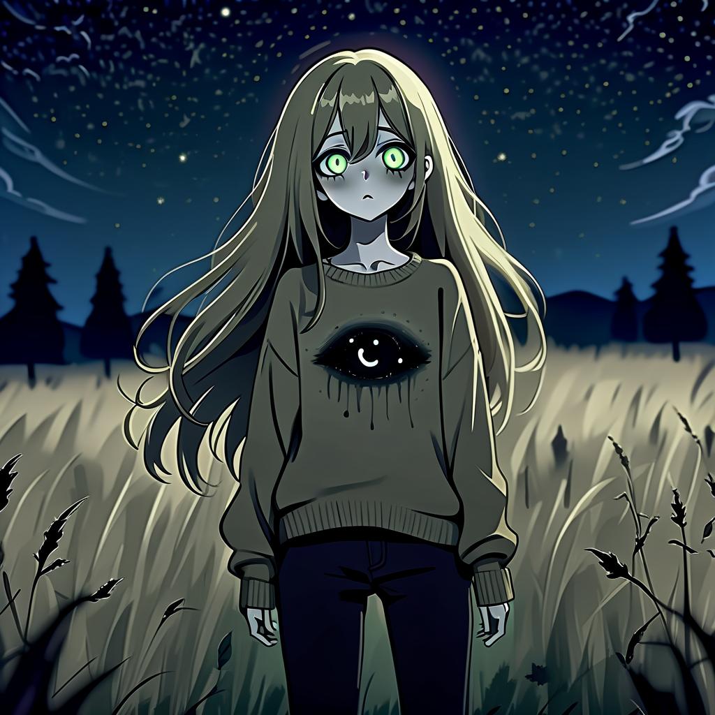  horror themed a girl in anime style with long hair stands in the middle of the field at night wearing a khaki sweater and pants. the girl looks at the starry sky at night with black lower eyelids under the eyes of a specific color full of fear of the unknown and curiosity. she pulls her hand up towards the night sky. . eerie, unsettling, dark, spooky, suspenseful, grim, highly detailed