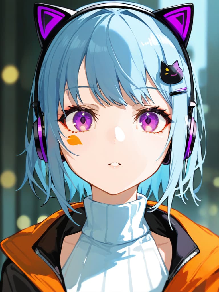  (black cat ear headphones: 1.2), (1.2), (purple eyes: 1.2), (close up: 1.2), (medium hair), (silverbe hair) 1.4)}, earring, (orange overside jacket: 1.1), (shoulder gardens: 1.2), (white turtleneck: 1.1), (hair pin: 1.3)