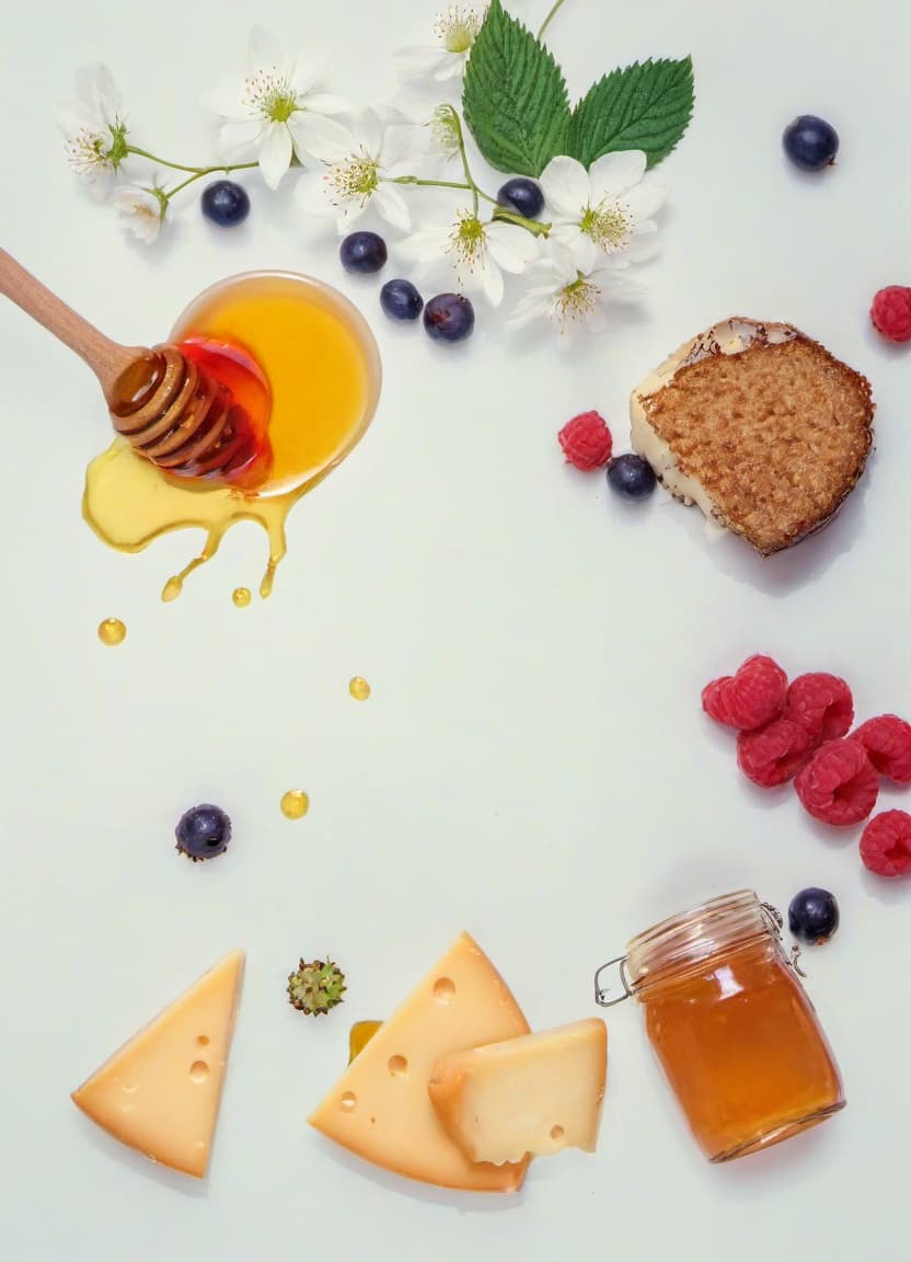  the cheese is poured with honey, next to raspberry jam and a few berries, a delicious cover, a beautiful reflection, film photography style