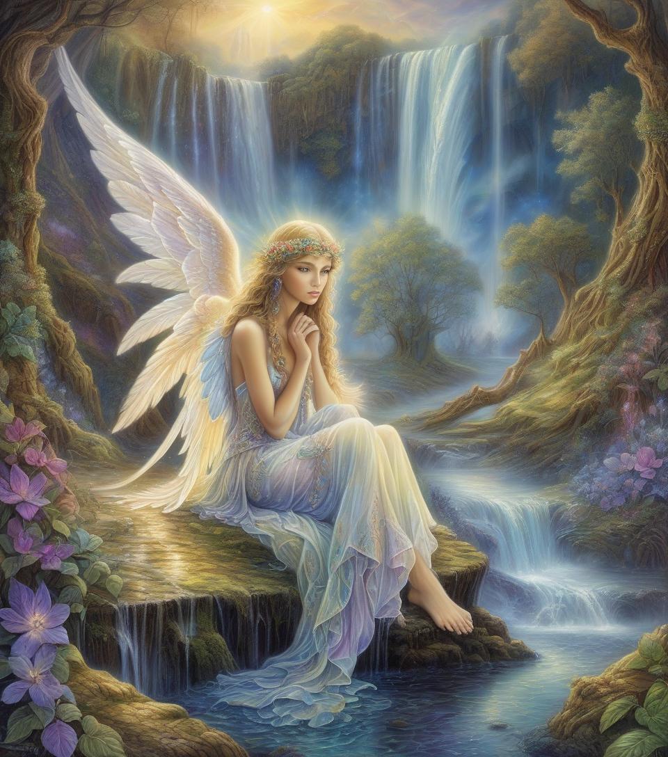  a painting of an angel sitting on the ground next to a waterfall, by josephine wall, by anne stokes, beautiful fantasy painting, inspired by josephine wall, beautiful fantasy art, very beautiful fantasy art, by pamela ascherson, beautiful fantasy art portrait, angel spirit guide, beautiful detailed fantasy, digital art fantasy art, breathtaking fantasy art, mystical art, dramatic fantasy art