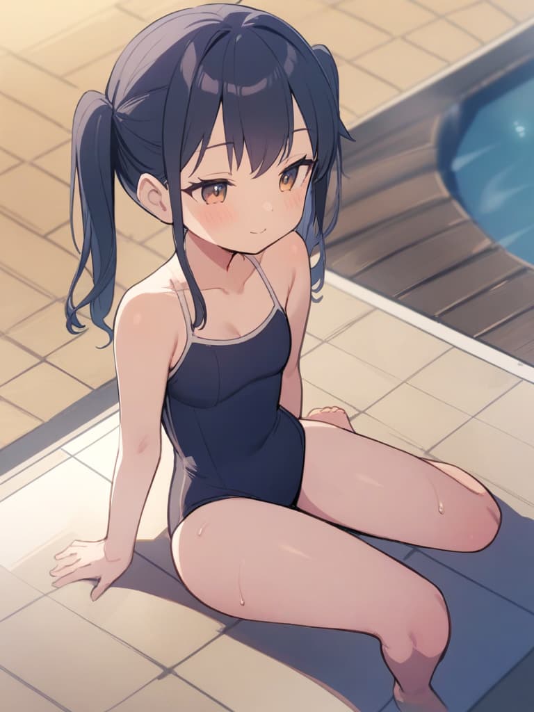  women's elementary students (with male), twin tails, cute smiles, rich s, low stature, dark blue swimwear, old swimwear, , simple, , area, (swelling), male (bulging), front, whole body , poolside,