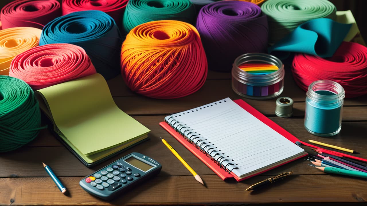  a vibrant workspace filled with colorful fabric swatches, sewing tools, a sketch of a character costume, a calculator, and a notebook with budget notes, all arranged on a rustic wooden table, illuminated by warm natural light. hyperrealistic, full body, detailed clothing, highly detailed, cinematic lighting, stunningly beautiful, intricate, sharp focus, f/1. 8, 85mm, (centered image composition), (professionally color graded), ((bright soft diffused light)), volumetric fog, trending on instagram, trending on tumblr, HDR 4K, 8K