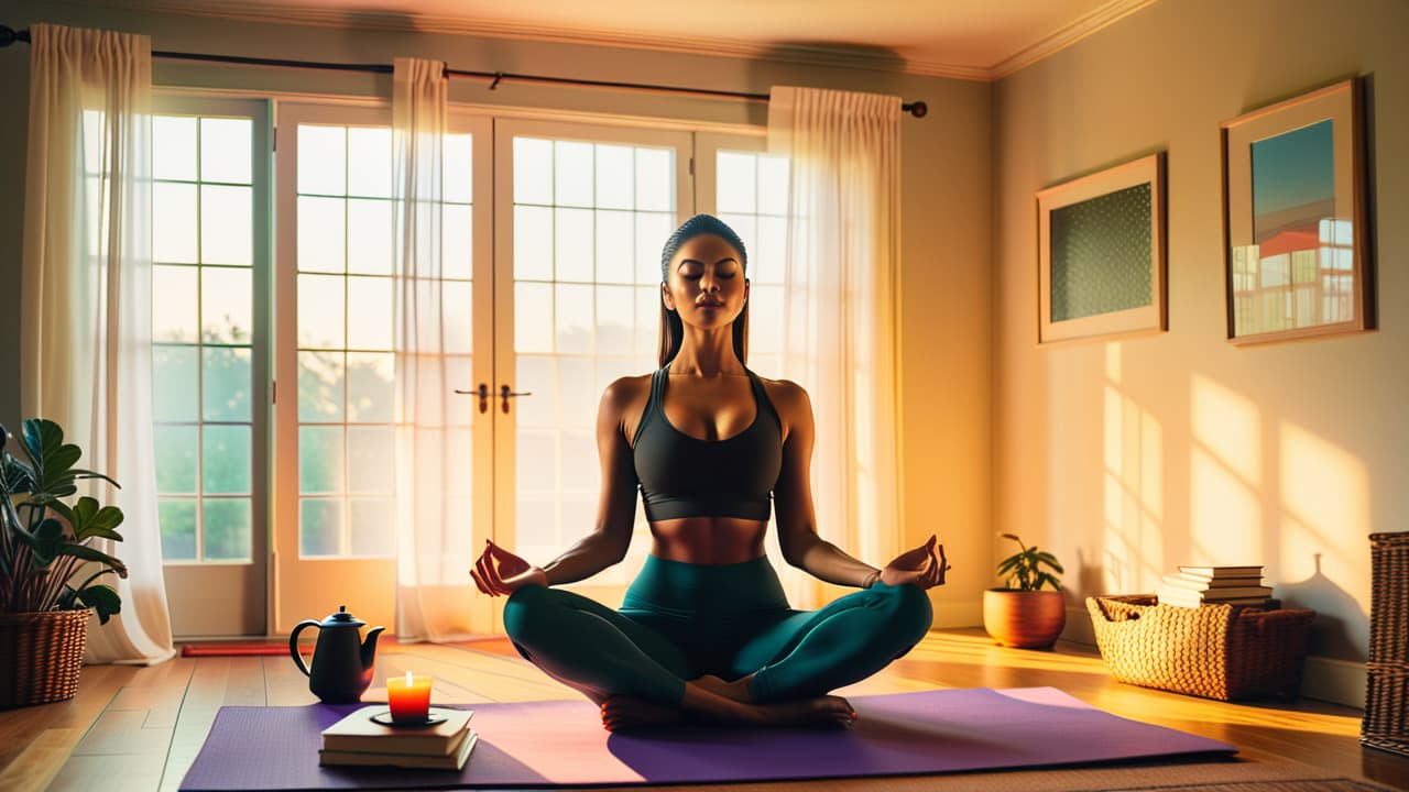  a serene bedroom at dawn, soft sunlight filtering through sheer curtains. a person meditates on a yoga mat, surrounded by a journal, fresh fruit, and a steaming mug of herbal tea. peaceful ambiance. hyperrealistic, full body, detailed clothing, highly detailed, cinematic lighting, stunningly beautiful, intricate, sharp focus, f/1. 8, 85mm, (centered image composition), (professionally color graded), ((bright soft diffused light)), volumetric fog, trending on instagram, trending on tumblr, HDR 4K, 8K