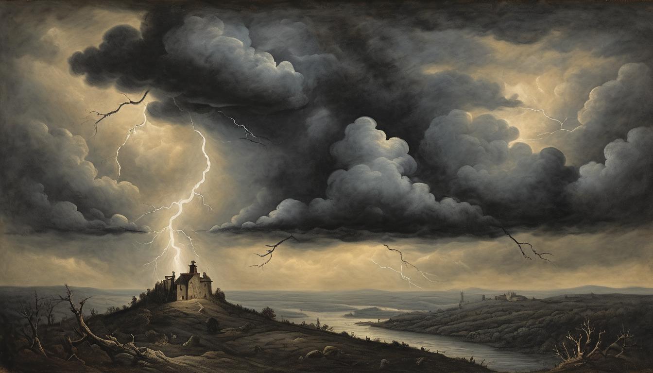  on parchment, surrealism++, dark stormy sky, thunderclouds, lightning bolts, foreboding, intensity, anticipation(mysterious, provocative, symbolic)++