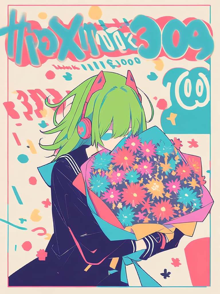  a girl with short green hair is laughing and crying loudly while holding a colorful bouquet of flowers,wearing headphones,and wearing a black sailor uniform with a red ribbon,with the number (((3000:1.8))) and the words ((("thank you":1.8))) displayed in large letters,background grunge splats,flat color