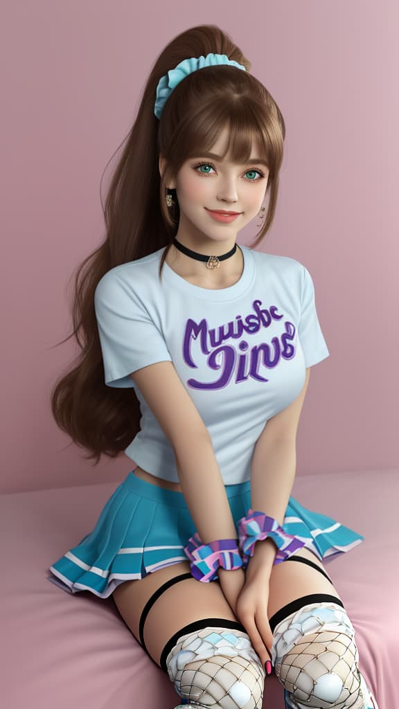  masterpiece, best quality, masterpiece,full body,prefect face,mini ,twins,cheerleader,aqua eyes,parted lips, face, smile,brown hair,(bangs:0.9),high ponytail,hair scrunchie,choker,nail polish,(t shirt:0.9), uniform,knee boots,fishnet stockings,leaning forward,hand to mouth,looking at mirror