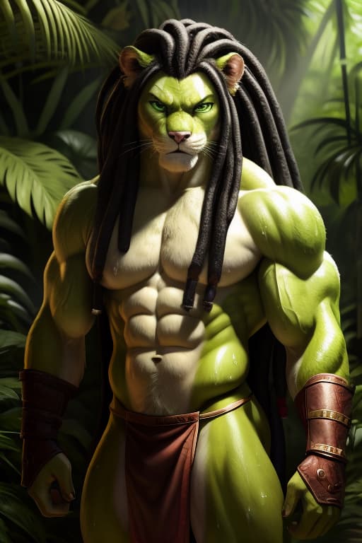  Cat Fursona, Male, Huge Muscles, Abs, Lime green fur, Lime Green long dreadlocks, Bright green eyes, Loin cloth, Wrist gauntlets, sweaty, dirty, Jungle, Angry stare., open eyes, masterpiece, 4k, fine details,