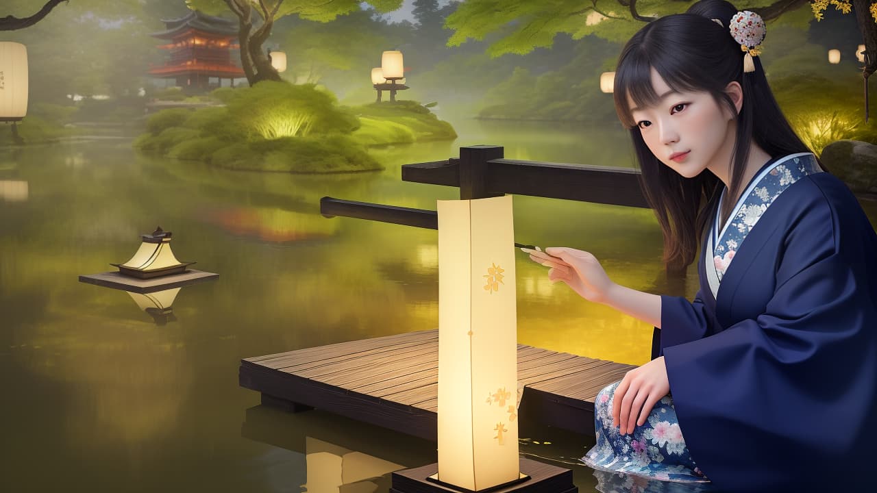  masterpiece, best quality, (fidelity: 1.4), best quality, masterpiece, ultra high resolution, 8k resolution, a night view inspired by japanese art, featuring a garden illuminated by paper lanterns and a wooden bridge spanning a tranquil lake, by the lakeside, there is a small zen temple. the water reflects the starry sky.