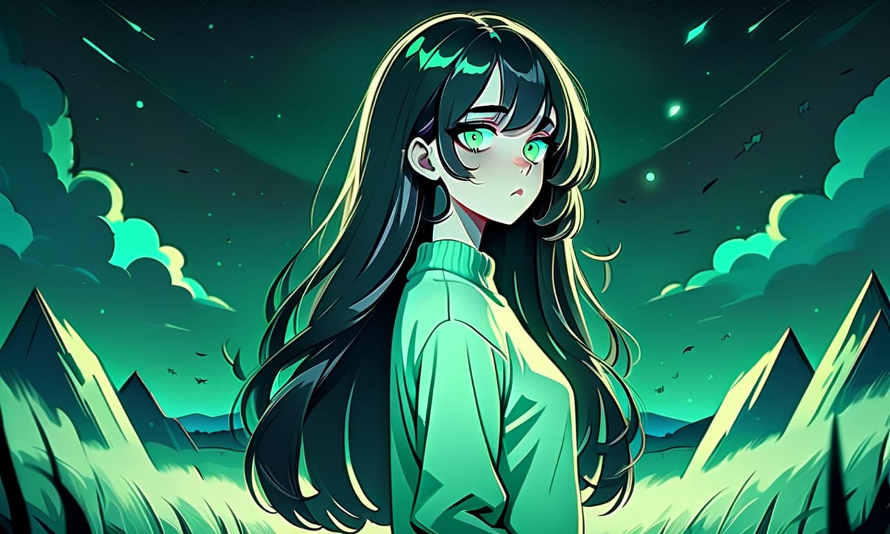  art deco style a girl in anime style with long black hair stands in an empty and night field dressed in a sweater of warm pastel green color and pants. the girl looks into the darkness with black lower eyelids under the eyes full of fear of the unknown and curiosity, and the bright turquoise eyes themselves stand out against the background of everything. the image uses warm and bed tones . geometric shapes, bold colors, luxurious, elegant, decorative, symmetrical, ornate, detailed