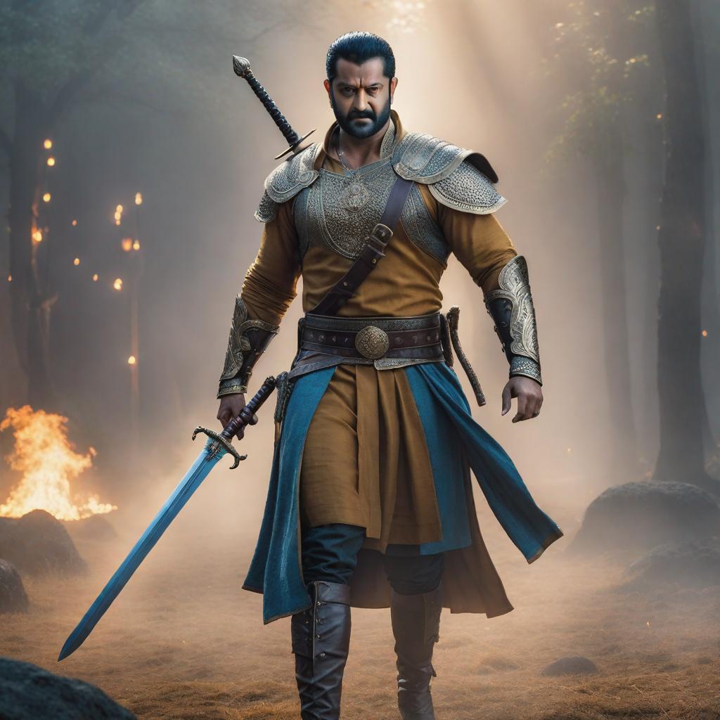  jr ntr with sword , ((realistic)) hyperrealistic, full body, detailed clothing, highly detailed, cinematic lighting, stunningly beautiful, intricate, sharp focus, f/1. 8, 85mm, (centered image composition), (professionally color graded), ((bright soft diffused light)), volumetric fog, trending on instagram, trending on tumblr, HDR 4K, 8K