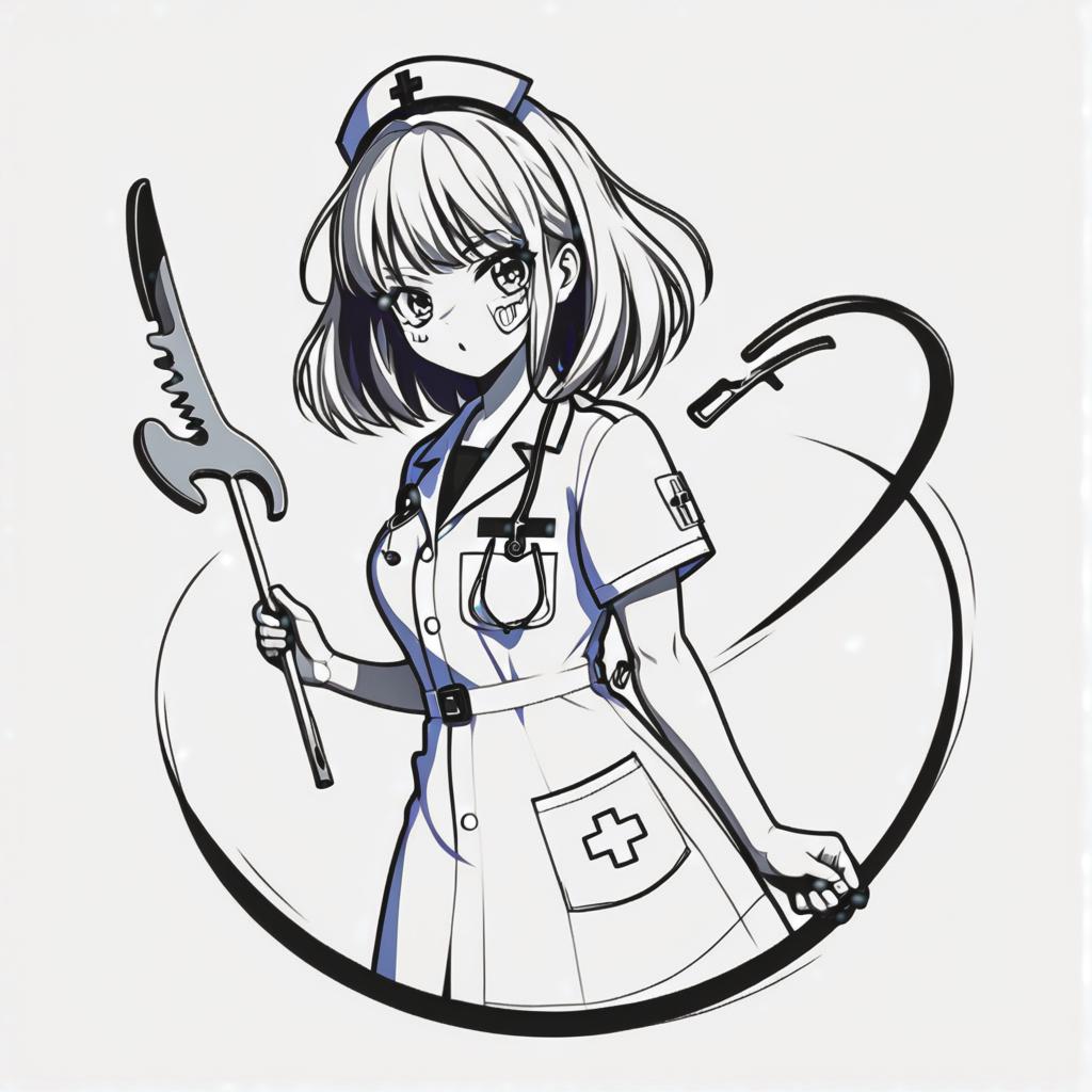  line art drawing nurse girl with hacksaw, horror theme, same nightmare. anime style . professional, sleek, modern, minimalist, graphic, line art, vector graphics