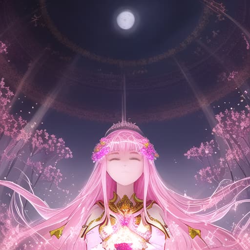  Create an image of a priestess in a pink dress with flowers in her hair praying under under the light of a full moon. Show sparks of light around her aura