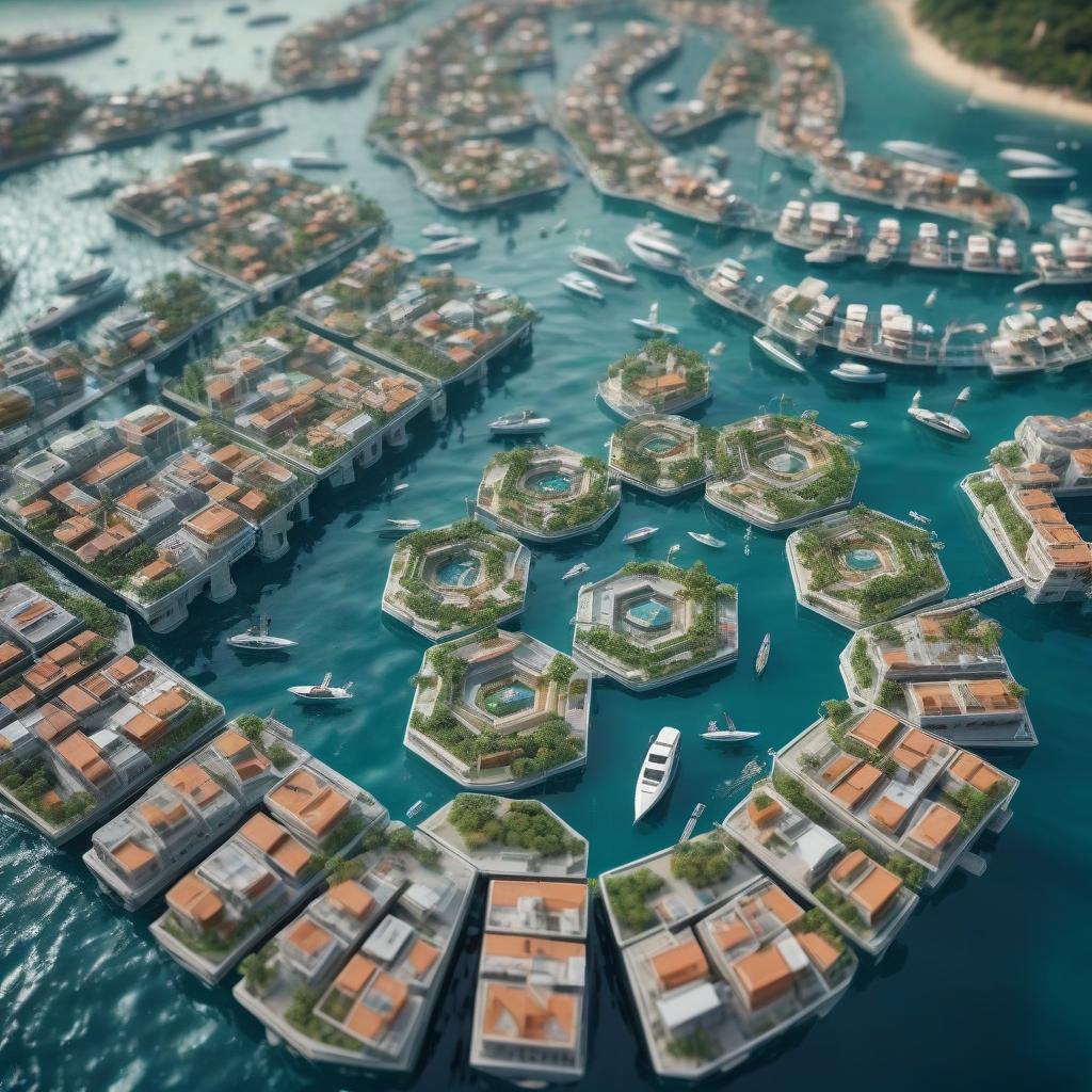  cinematic photo mid tropical ocean, futuristic modular water city, many octagonal blocks, bridges between them, moorings with boats and yachts, bird's eye view, professional photo, 4k, high resolution, high detail . 35mm photograph, film, bokeh, professional, 4k, highly detailed