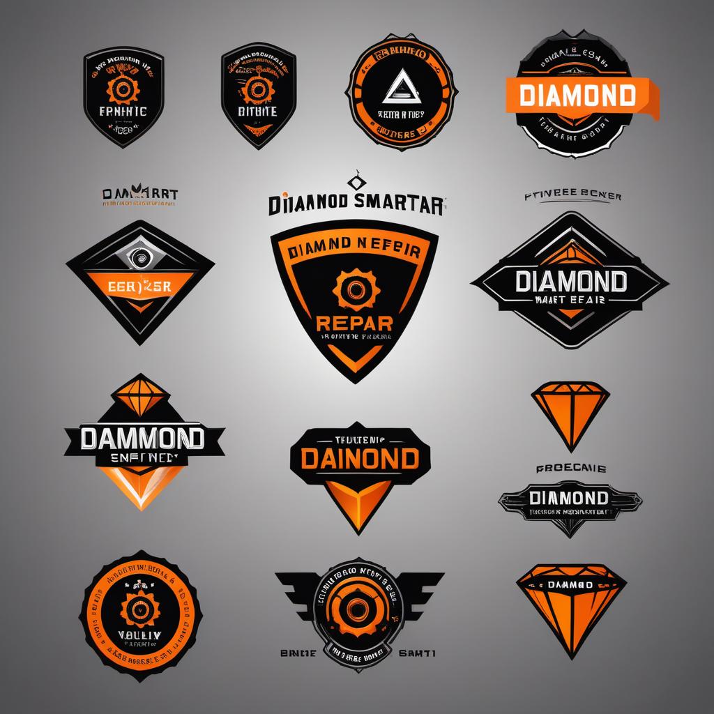  Create multiple logo variations for 'Diamond Smart Repair'. Each logo should feature a shining diamond, a car shadow, and use the colors black and orange. The design should convey sophistication and energy, representing the company's professionalism and expertise in car repair. Create several unique designs to choose from. hyperrealistic, full body, detailed clothing, highly detailed, cinematic lighting, stunningly beautiful, intricate, sharp focus, f/1. 8, 85mm, (centered image composition), (professionally color graded), ((bright soft diffused light)), volumetric fog, trending on instagram, trending on tumblr, HDR 4K, 8K