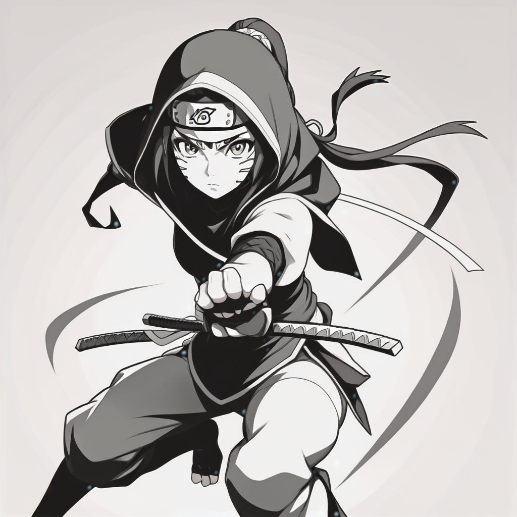  line art drawing konoha ninja girl, battle stance, same nightmare. anime style . professional, sleek, modern, minimalist, graphic, line art, vector graphics