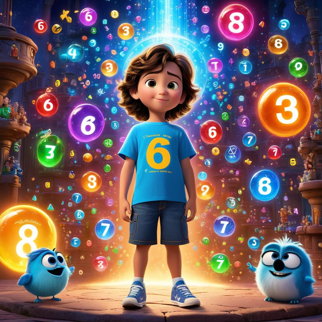  in 3d animated movie style. disney pixar style. "caleb, 6, curious and determined in a colorful t shirt, denim shorts, sneakers. addie, the addition fairy, ageless, wise, in a sparkling dress made of numbers and symbols. math monster, ancient, grumpy, in tattered robe with math problems. portal surrounds them, magical aura from golden calculator. mysterious, enchanting with floating numbers, glowing symbols. high res pixar 3d animation. bright, soft lights, vibrant hues. dynamic composition from slightly elevated angle, emphasis on bond between caleb and addition fairy."