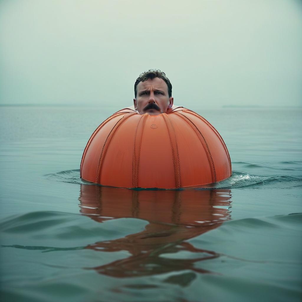  cinematic film still the man is a buoy, not looking enough at a camera with a thick neck, thick hands popping out of the water, thick face, looking out of the water, very thick round, visible. growth of 150 centimeters. . shallow depth of field, vignette, highly detailed, high budget, bokeh, cinemascope, moody, epic, gorgeous, film grain, grainy, perfect hands, perfecteyes