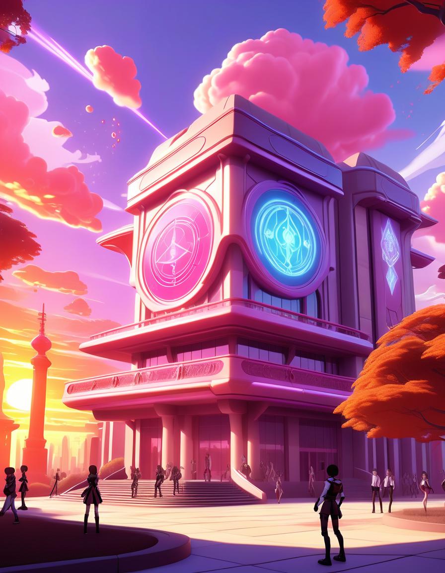  fighting game style magical academy against the sunset: a futuristic academy building with elegant architecture, surrounded by luminous magical symbols. on the background bright shades of sunset, and students in the style of anime walk along the path. . dynamic, vibrant, action packed, detailed character design, reminiscent of fighting video games