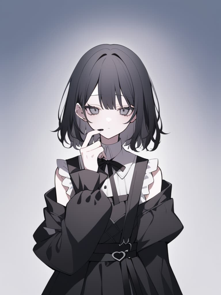  "a male 'jirai kei' character with black hair,wearing dark clothing,covering part of his face with one hand. the character has a mysterious and delicate appearance,with slightly messy short hair,black clothing with subtle silver accessories,and a melancholic expression. no red elements. the background is simple and does not distract from the character's dark,moody aesthetic."