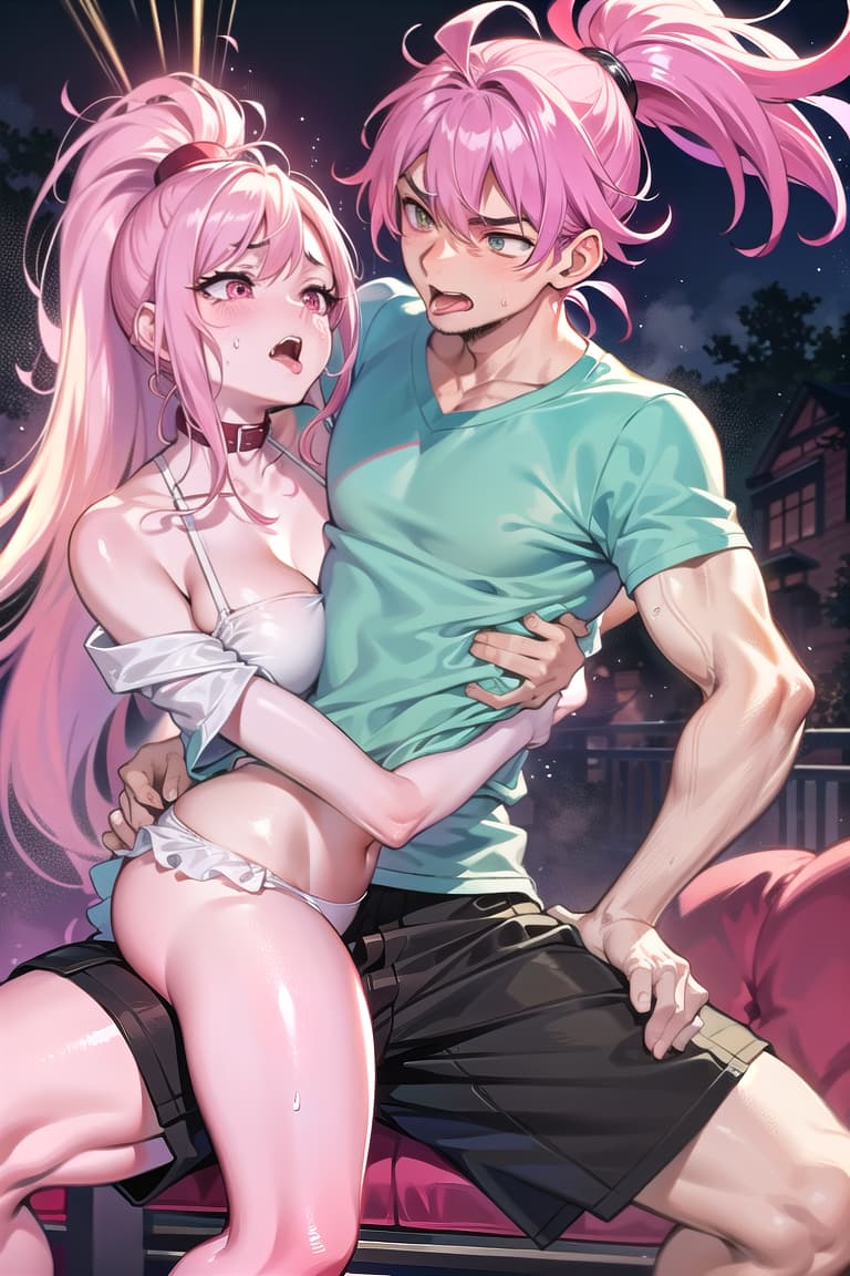  r 18, , middle , pink haired ,ponytail,large eyes,t shirts, , tongue,,dim, night ,love hotel,An intense and primal scene unfolds between a man and a woman, their desire unleashed in a feverish emce. The woman, on the bottom, writhes sensually, her arms reaching up to pull her partner closer, legs wrapped around his waist, thrusting her hips wildly. Her face contorts in a raw expression of ecstasy, eyes wide, head thrown back. The man, above her, looms with a taut, muscular body, glistening with sweat. He claims her mouth in a fierce , their tongues dueling as their breaths quicken. His hand aggressively fondles her , while the other ventures lower, exploring her most sensitive spots. Their ragged breath