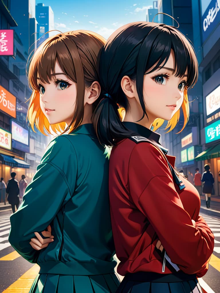  2 girls, back to back, one is grateful, the other is anxious, anime artwork, anime style, key visual, vibrant, studio anime, highly detailed