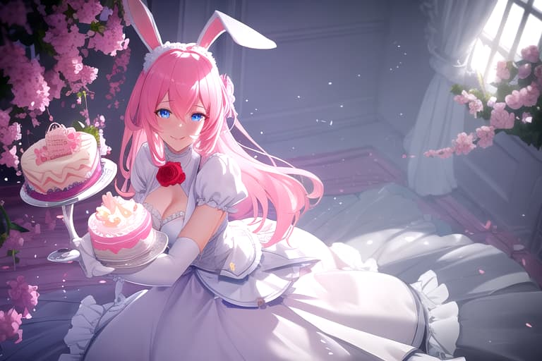  A pink rabbit,longer, animal ears, masterpiece, blue eyes, smile, indoor, a bloom rose in hands, front with a birthday cake in frontat viewer, hyperrealistic, full body, detailed clothing, highly detailed, cinematic lighting, stunningly beautiful, intricate, sharp focus, f/1. 8, 85mm, (centered image composition), (professionally color graded), ((bright soft diffused light)), volumetric fog, trending on instagram, trending on tumblr, HDR 4K, 8K