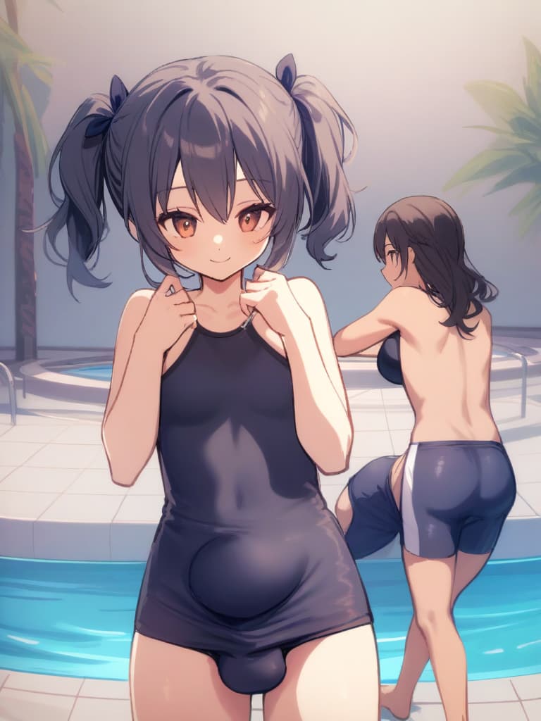  women's elementary students (male), twin tails, cute smiles, (rich s), low stature, dark blue swimwear, old swimwear, , simple (upward), male , (bulge), shaped clear , front , whole body, pool side,