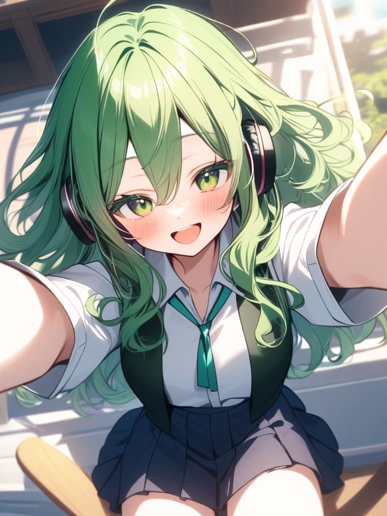  hagakure tohru bangs black clothes black blue clothing collared shirt dress shirt gloves hair between eyes long sleeves mini pleated uniform shirt shirt tucked in short sleeves rolled up sleeves uniform white shirt blush s age eyelashes woman (((with open arms:1.3))) (((i'm feeling excited))) (((headphones:1.3))) green eyes green hair big s medium length hair messy hair short hair teeth upper teeth upper teeth only smirk open mouth open mouth smile one arm outstretched smiling v sign looking at camera one woman alone english language english text text colored eyelashes curly hair ai created