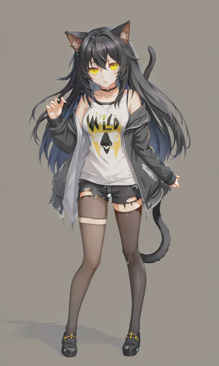  torn clothes, wild look, black hair, black cat ears, yellow eyes